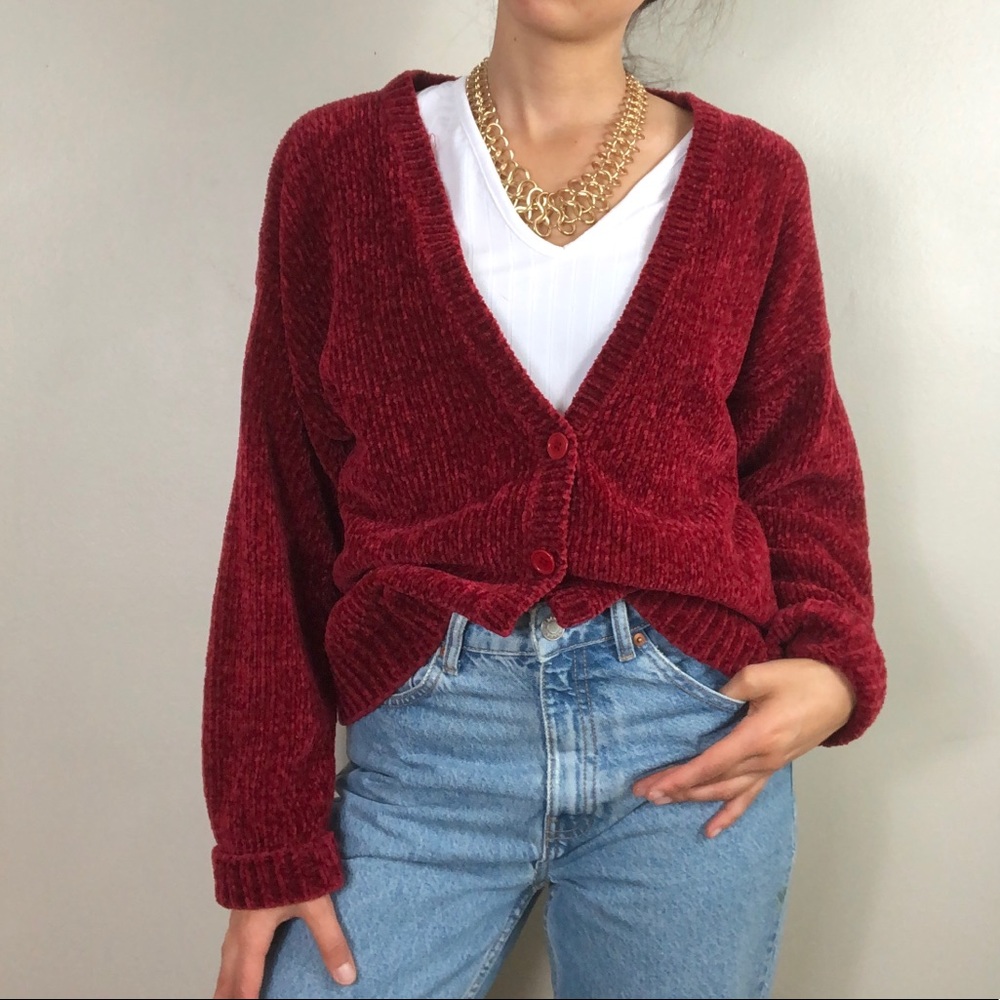 Vintage Red V-Neck Button Front Chenille Cardigan